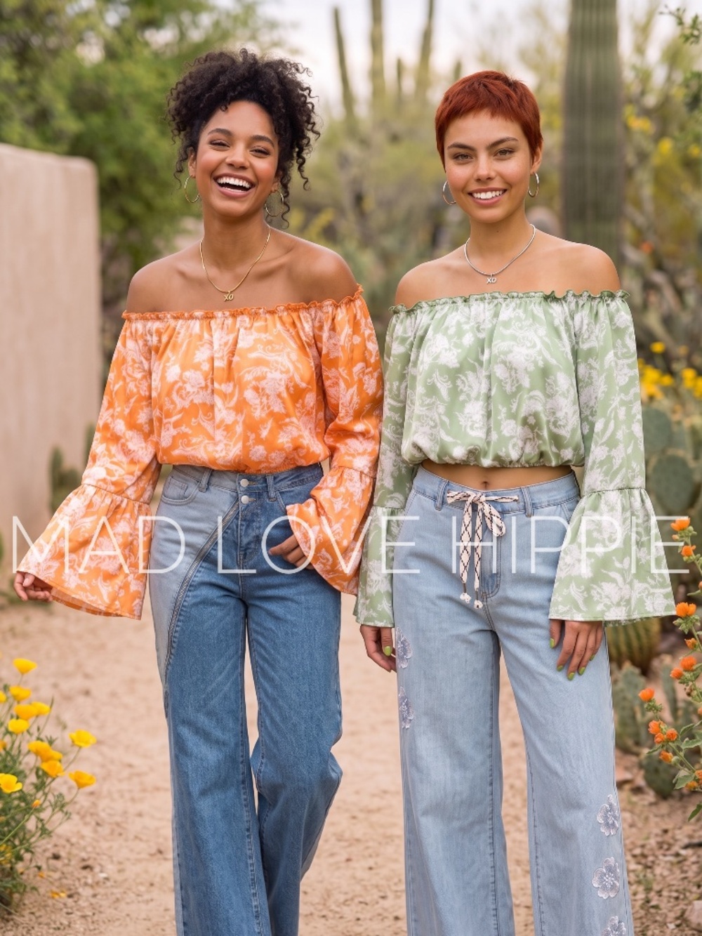 Peach Love Sage Green Floral Crop Top | Satin Off Shoulder Bubble Bell Sleeve - Picture 7 of 7